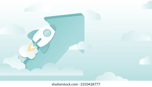 Business startup ideas concept. A rocket go up, follow arrow to achieve success. Symbolizes the concept of opportunity, competition, challenge, goal, target. Successful business growth.