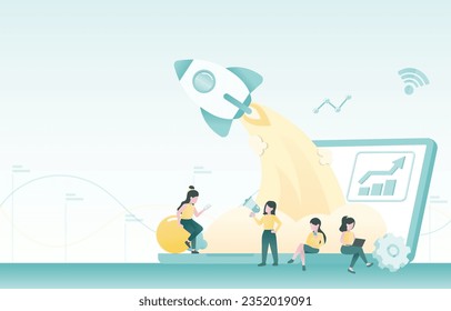 Konzept für Unternehmensgründungen Raketenstart nach oben. Geschäftsleute arbeiten zusammen und planen, Ziele zu erreichen. Management, Verbesserung und Entwicklung von Datenanalyse, taktischen Plänen.
