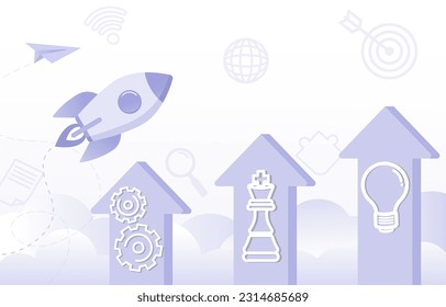 Business startup ideas. A rocket go up, follow arrow to achieve success. Arrow step on a screen to strategy management, tactical planning, goals and target. Successful business launch and growth. 