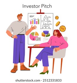 Ilustração de inicialização de negócios. Empresários apresentam seu projeto para garantir financiamento durante uma apresentação de investidores. Visuais envolventes, exibição de planejamento estratégico. Ilustração vetorial.