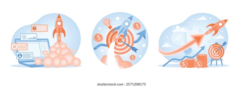 Business startup. Illustration showing a rocket with an arrow board surrounded by ideas, growth indicators, and money symbols. Symbolizes financial success with innovative ideas.