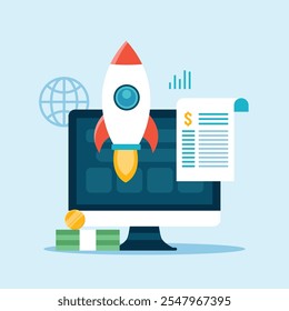 Business startup illustration vector. monitor with rocket icon.