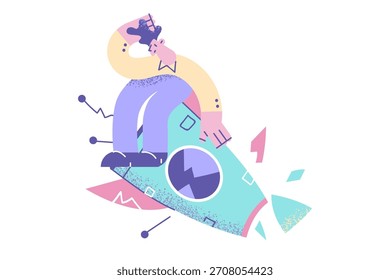 Concepto de inicio de negocios, innovación y desarrollo. Personaje sonriente de la historieta del hombre de negocios joven que se sienta en el cohete que vuela en el espacio que siente la Ilustración vectorial exitosa