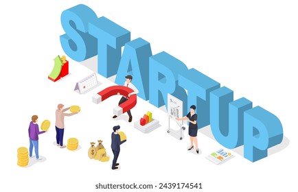 Business startup investment isometric vector illustration. Investor and entrepreneur people characters presenting, promoting and launching company project attracting money
