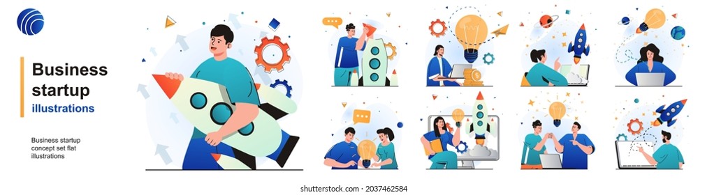 Business startup isolated set. Successful development of new business idea. People collection of scenes in flat design. Vector illustration for blogging, website, mobile app, promotional materials.