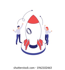 Business startup isometric concept with launching rocket and two people 3d vector illustration