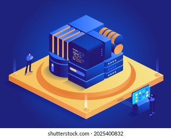 Business and startup isometric concept. People are working on development of project together. Teamwork in company. Management and collaboration. Vector character illustration in isometry design