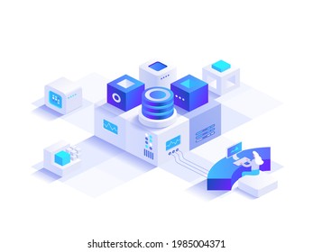 Business and startup isometric concept. Woman works in workplace, manages processes and systems inside project. Database analysis, online computing. Vector character illustration in isometry design