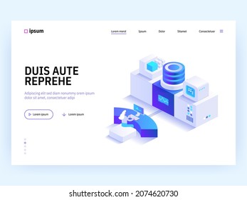 Business and startup isometric concept. Woman works in workplace, manages processes and systems inside project. Database analysis, online computing. Vector character illustration in isometry design