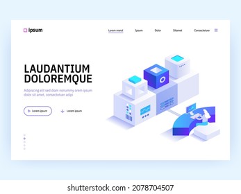 Business and startup isometric concept. Woman works in workplace, manages processes and systems inside project. Database analysis, online computing. Vector character illustration in isometry design