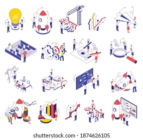 Business startup isometric set of dollar banknote stacks glowing light bulb magnifying glass racket start isolated icons vector illustration