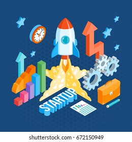 Business startup isometric template with a launch rocket. Business concept web infographics. Vector illustration