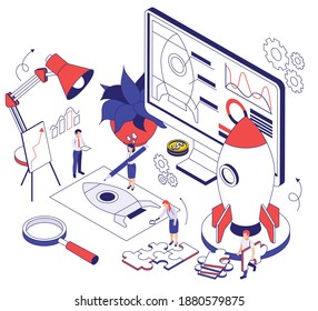 Business startup isometric vector illustration in thin lines with team of creative persons working on new project
