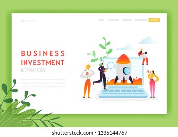 Business Startup Landing Page Template. Investment and Strategy Banner with Characters Launches Rocket Using Laptop. Teamwork Innovation Web Page. Vector illustration