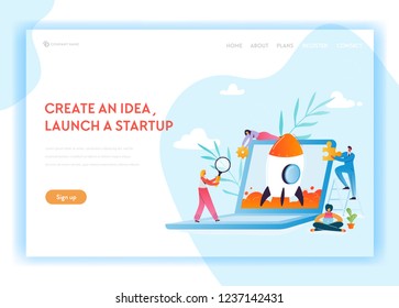 Plantilla de la página de inicio de negocio. Lanzar un nuevo sitio web de proyectos con caracteres lanza un cohete usando un portátil. Página Web de Innovación de Trabajo en Equipo. Ilustración del vector