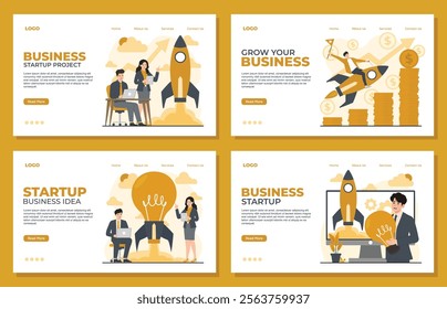 Business startup landing page template concept illustration business growth idea creative development rocket light bulb 