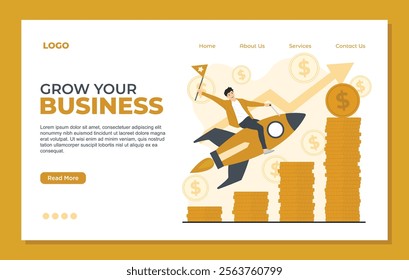 Business startup landing page template concept illustration business growth idea creative development rocket light bulb