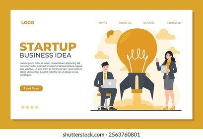 Business startup landing page template concept illustration business growth idea creative development rocket light bulb