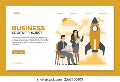 Business startup landing page template concept illustration business growth idea creative development rocket light bulb