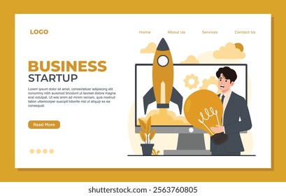 Business startup landing page template concept illustration business growth idea creative development rocket light bulb