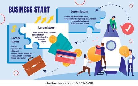 Business Startup Launch, Company or Project Start Flat Vector Infographics, Poster Template. Sample Text Blocks, Arrows and Businessmen Team Working Together, Preparing Rocket for Flight Illustration