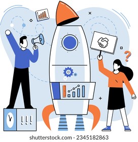 Business startup launch, company strategy or new project start. Teamwork solving complex problems, Businessmen team working together, preparing rocket for flight. Innovation solution development