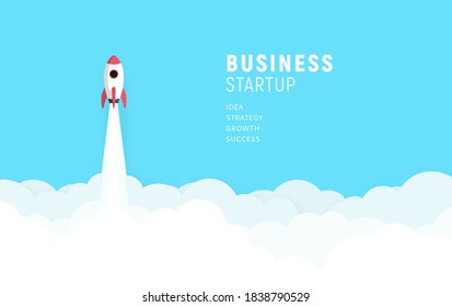 Business startup launch concept, flat design, rocket icon. Vector background illustration.