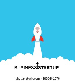 Business startup launch concept, flat design, rocket icon isolated on blue background. Vector illustration
