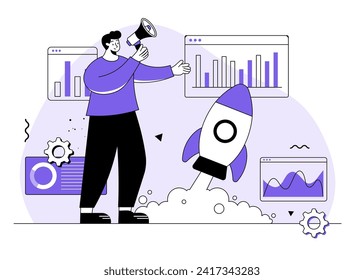 Business startup launch concept flat illustration vector template, Rocket icon, Business strategy, Analytics and brainstorming, Entrepreneurship, business plan, launch product or service, marketing ma