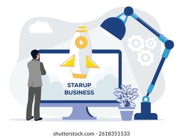 Conceito De Lançamento De Inicialização De Negócios. Empreendedores profissionais analisam a aceleração do crescimento dos negócios. Ilustração de vetor plano.