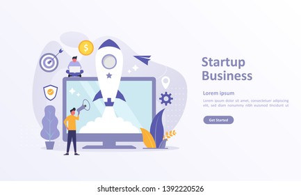 Business Startup launch concept with rocket icon on screen. People character. Suitable for web landing page, ui, mobile app, banner template. Vector Illustration 