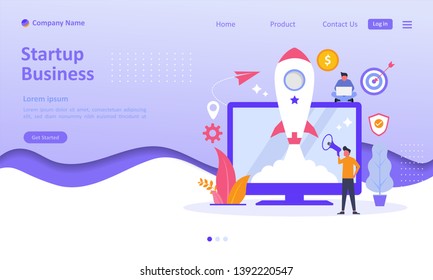 Business Startup launch concept with rocket icon on screen. People character. Suitable for web landing page, ui, mobile app, banner template. Vector Illustration 