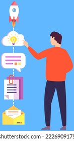 Business startup launch and entrepreneurship. Rocket as symbol of new project. Man planning new idea development. Work with technology, progress management and creative plan, mind map concept