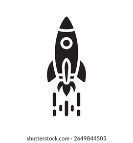 Business startup launch icon with a rocket taking off representing rapid growth innovation new project success and a powerful market boost vector solid glyph icon