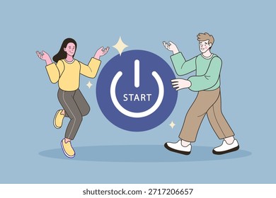 Lanzamiento de la empresa y nuevo concepto de inicio. Hombre y mujer felices de pie que presentan el Botón azul grande del comienzo del poder. Ilustración vectorial para la activación de proyectos, emprendimiento y apertura.