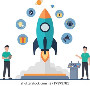 Business Startup Launch with Rocket Concept Illustration
Professional Team Launching Project with Creative Icons
Modern Entrepreneurship and Innovation Growth Concept