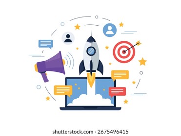 Business startup launch with rocket soaring towards target goal, success concept, marketing strategy