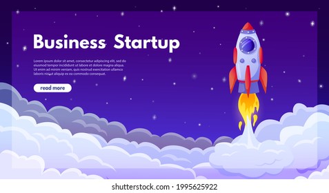 Business startup launch. Starting new project concept with rocket launching in sky. Cartoon successful product release vector landing page. Futuristic spacecraft in cosmos website design