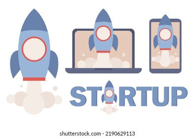 Business startup launching icon set. Rocket symbol. Vector flat illustration 