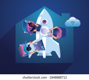 Business Startup launching product with rocket concept. Template and Backgrounds Vector illustration, business project startup process idea through planning and strategy, time management, realization