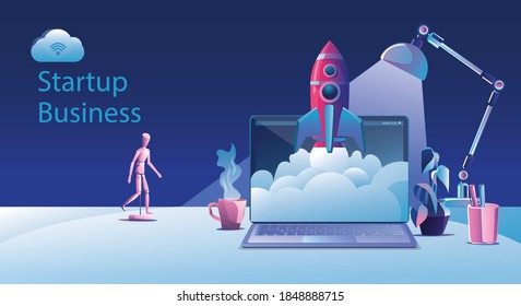 Business Startup launching product with rocket concept. Template and Backgrounds Vector illustration, business project startup process idea through planning and strategy, time management, realization