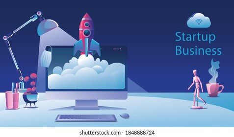 Business Startup launching product with rocket concept. Template and Backgrounds Vector illustration, business project startup process idea through planning and strategy, time management, realization