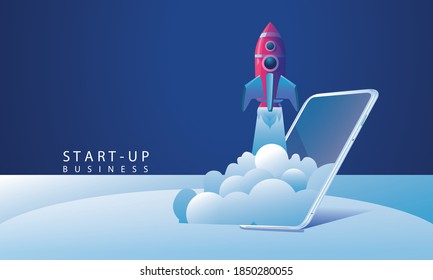 Business Startup launching product with rocket concept. Template and Backgrounds Vector illustration, business project startup process idea through planning and strategy, time management