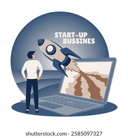 Business Startup launching product with rocket concept. Business project start up process idea through planning and strategy, time management. Flat vector modern illustration 