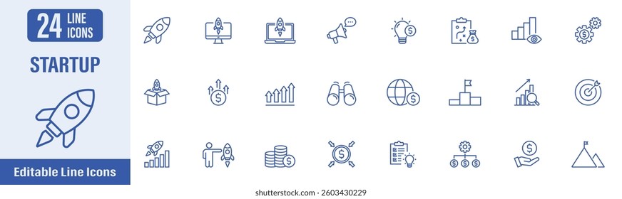 Business Startup line icon set. Contains icons as startup, launch, innovation, business plan, investment, new project, rocket, funding and more. Vector illustration.
