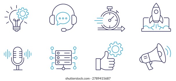 Business startup line icon set featuring rocket, light bulb, customer support, server, megaphone, microphone, stopwatch and thumbs up. editable stroke vector set.