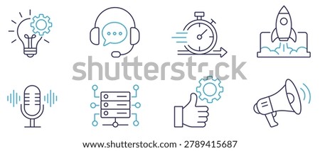 Business startup line icon set featuring rocket, light bulb, customer support, server, megaphone, microphone, stopwatch and thumbs up. editable stroke vector set.