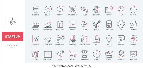 Business startup line icons set. Direction arrow for success and development, light bulb, puzzle and trend idea, savings deposit and investment thin black and red outline symbols vector illustration