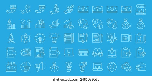 Emprendimiento del negocio. Conjunto de iconos de Vector de línea. Píxel perfecto. Trazo editable. Para móviles y Web. El conjunto contiene iconos: Inicio, Evento de lanzamiento, Comienzos, Negocio Nuevo, Motivación, Cohete, Apertura, 