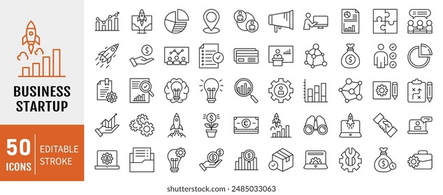 Business Startup. Line vector icon set. Pixel perfect. Editable stroke. For Mobile and Web. The set contains icons: Startup, Launch Event, Beginnings, New Business, Motivation, Rocket, Opening, 